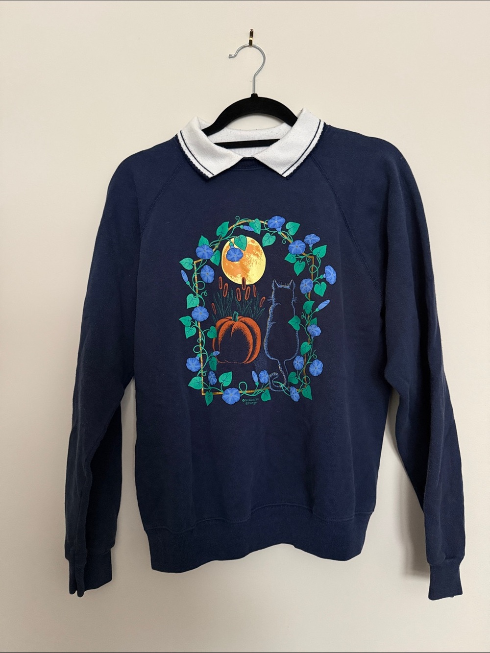Navy Crewneck Sweater with Pumpkin & Cat Graphic